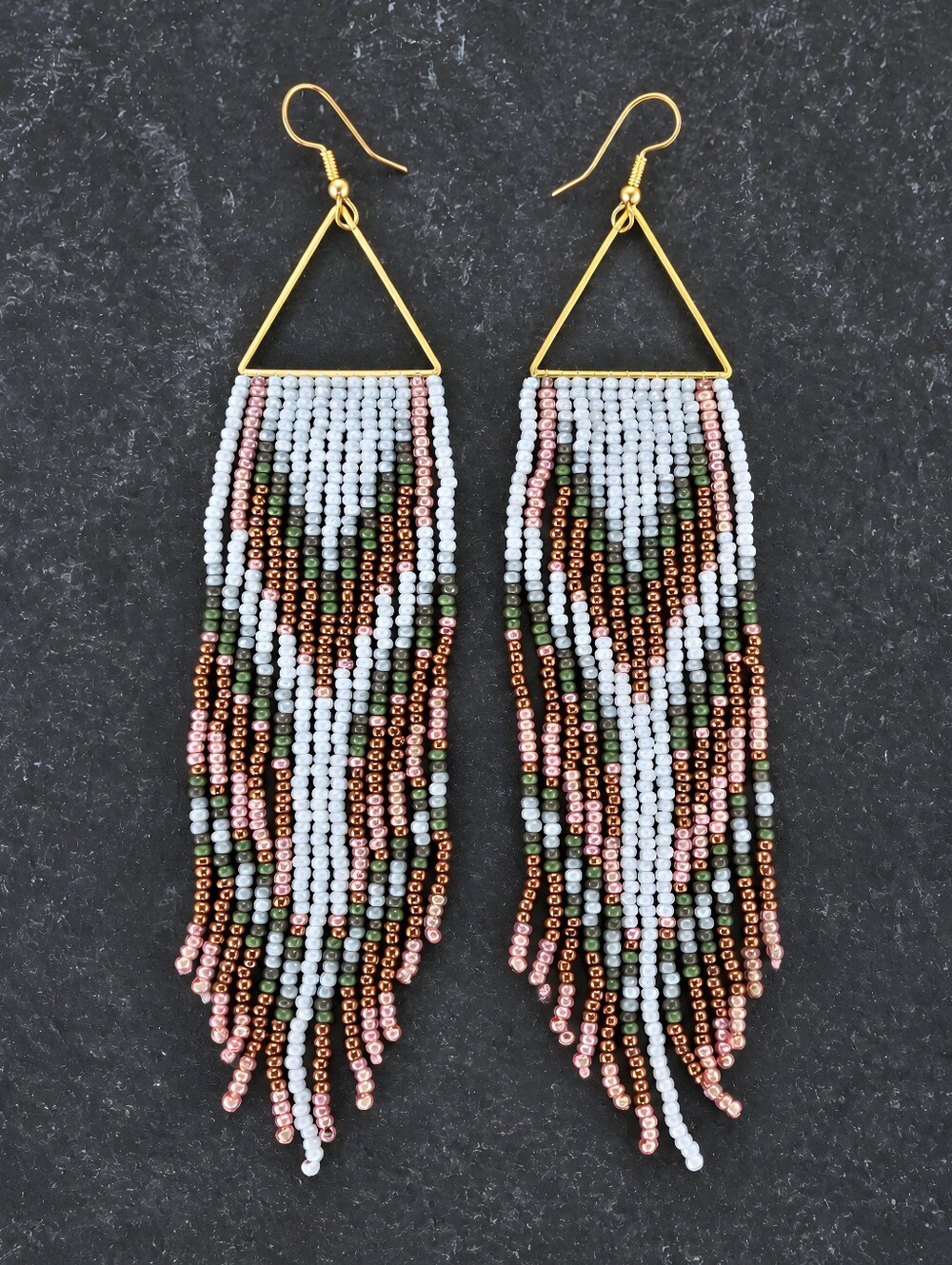 Pink Western Geo Boho Fringe Seed Beads Earrings Handmade Beaded Jewelry